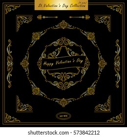 Vector set of vintage corners and round frames. Ornamental vignette, arrows, dividers, vintage art for Valentine day, wedding card, invitation. Hand drawn high quality sketch. Premium gold 