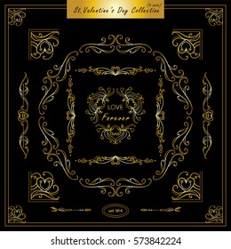 Vector set of vintage corners and round frames. Ornamental vignette, arrows, dividers, vintage art for Valentine day, wedding card, invitation. Hand drawn high quality sketch. Premium gold 