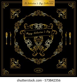 Vector set of vintage corners and round frames. Ornamental vignette, arrows, dividers, vintage art for Valentine day, wedding card, invitation. Hand drawn high quality sketch. Premium gold 