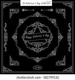 Vector set of vintage corners and round frames. Ornamental vignette, arrows, dividers, beautiful vintage art for Valentine day, wedding card, invitation. Hand drawn high quality sketch. Black, white 