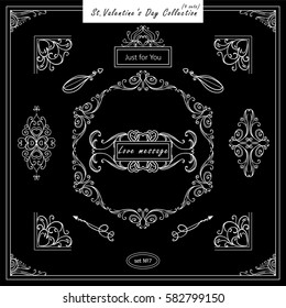 Vector set of vintage corners and round frames. Ornamental vignette, arrows, dividers, beautiful vintage art for Valentine day, wedding card, invitation. Hand drawn high quality sketch. Black, white 