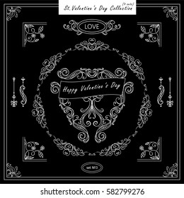 Vector set of vintage corners and round frames. Ornamental vignette, arrows, dividers, beautiful vintage art for Valentine day, wedding card, invitation. Hand drawn high quality sketch. Black, white 