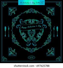 Vector set of vintage corners and round frames. Ornamental vignette, arrows, dividers, vintage art for Valentine day, wedding card, invitation. Hand drawn high quality sketch. Ocean blue color