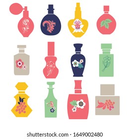 Vector set with vintage cosmetic and perfume bottles silhouette with herbs and flowers. illustration.