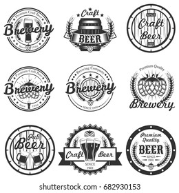 Vector set of vintage craft beer, brewery logos, emblems, badges, labels isolated on white background. Typography design for brewing company advertising.