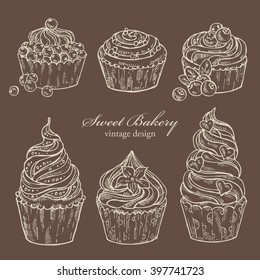 Vector set : Vintage cupcakes , hand drawn
