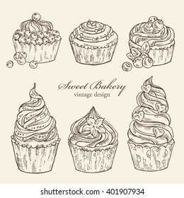 Vector set : Vintage cupcakes , hand drawn