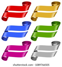 Vector Set of Vintage Curly Banners Ribbons. Redd, Gold, Blue, Green, Purple and Silver Shiny Scroll Frames Template Isolated of White Background