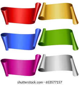 Vector Set of Vintage Curly Banners Ribbons. Redd, Gold, Blue, Green, Purple and Silver Shiny Scroll Frames Template Isolated of White Background