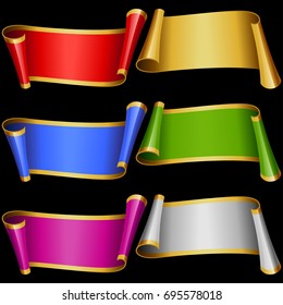 Vector Set of Vintage Curly Banners Ribbons. Redd, Gold, Blue, Green, Purple and Silver Shiny Scroll Frames Template Isolated on Black Background