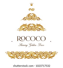 Vector set of vintage decor; floral ornament for design template. Victorian style gold element. Rococo decoration. Arabic golden motifs. Ornamental swirl illustration for invitation, greeting card.