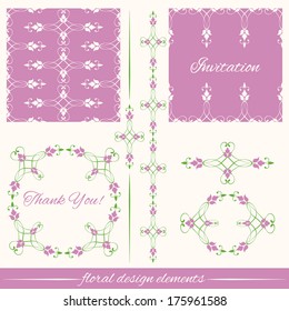 Vector set of vintage decorative calligraphic floral design elements isolated on white background. Round frame, pattern, card template, divider, border, sign in green and pink.  Page decoration.
