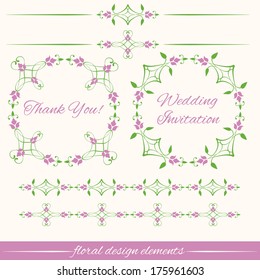 Vector set of vintage decorative calligraphic floral design elements isolated on white background. Round frames, dividers, borders in green and pink.  Page decoration.