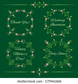 Vector set of vintage decorative calligraphic floral design elements isolated on green background. Round frames, dividers in green and pink.  Page decoration.