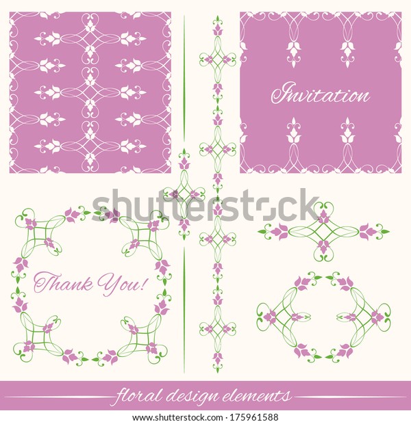 Vector set of vintage decorative calligraphic\
floral design elements isolated on white background. Round frame,\
pattern, card template, divider, border, sign in green and pink. \
Page decoration.