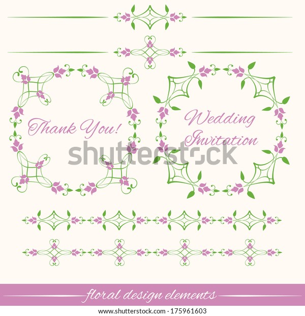 Vector set of vintage\
decorative calligraphic floral design elements isolated on white\
background. Round frames, dividers, borders in green and pink. \
Page decoration.