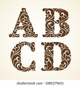 Vector set of vintage decorative ornamental letters design elements for logo, monogram, emblem, initials, business sign, identity, branding. A, B, C, D