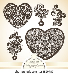Vector set of vintage decorative ornamental objects and symbols of love