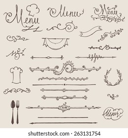 Vector set of vintage design elements and page decoration for restaurant menu