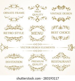 Vector set of vintage elegant decorative ornamental page decoration frames borders calligraphic design elements for invitation, congratulation, greeting card, menu, certificate