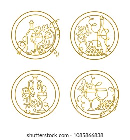 Vector set of vintage elements for design. Round labels, tags or stickers with illustrations of grapes, bottles of wine, glasses compositions and wave vine. Hand drawn sketch, metal gold color