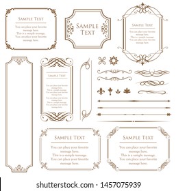 Vector set of vintage elements for design. Ornamental frames, borders, dividers, banners, arrows, monogram, corners, square, template for logo. Pear and flower vignette. Premium gold style