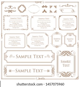 Vector set of vintage elements for design. Ornamental frames, borders, dividers, banners, arrows, monogram, corners, square, template for logo. Pear and flower vignette. Premium gold style