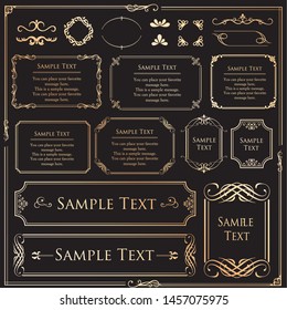 Vector set of vintage elements for design. Ornamental frames, borders, dividers, banners, arrows, monogram, corners, square, template for logo. Pear and flower vignette. Premium gold style