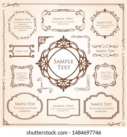 Vector set of vintage elements for design. Ornamental frames, borders, dividers, banners, arrows, monogram, corners, square, template for logo. Pear and flower vignette. Premium gold style