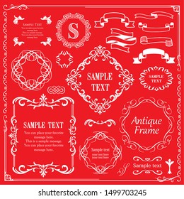 Vector set of vintage elements for design. Ornamental frames, borders, dividers, banners, arrows, monogram, corners, square, template for logo. Pear and flower vignette. Premium gold style