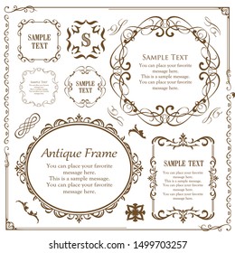 Vector set of vintage elements for design. Ornamental frames, borders, dividers, banners, arrows, monogram, corners, square, template for logo. Pear and flower vignette. Premium gold style