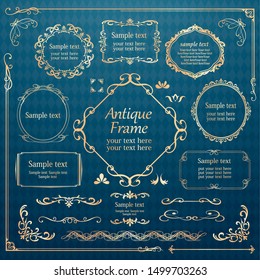 Vector set of vintage elements for design. Ornamental frames, borders, dividers, banners, arrows, monogram, corners, square, template for logo. Pear and flower vignette. Premium gold style