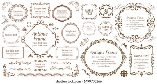 Vector set of vintage elements for design. Ornamental frames, borders, dividers, banners, arrows, monogram, corners, square, template for logo. Pear and flower vignette. Premium gold style