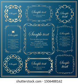 Vector set of vintage elements for design. Ornamental frames, borders, dividers, banners, arrows, monogram, corners, square, template for logo. Pear and flower vignette. Premium gold style