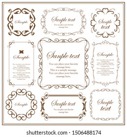 Vector set of vintage elements for design. Ornamental frames, borders, dividers, banners, arrows, monogram, corners, square, template for logo. Pear and flower vignette. Premium gold style