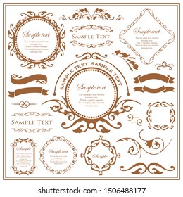 Vector set of vintage elements for design. Ornamental frames, borders, dividers, banners, arrows, monogram, corners, square, template for logo. Pear and flower vignette. Premium gold style