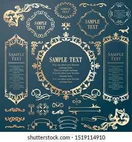 Vector set of vintage elements for design. Ornamental frames, borders, dividers, banners, arrows, monogram, corners, square, template for logo. Pear and flower vignette. Premium gold style