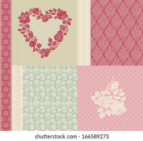 Vector set of vintage elements for design. Four of seamless pattern. Three seamless border. Frame of roses in a heart shape. Pastel color. Mint, pink, beige.