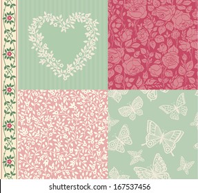 Vector set of vintage elements for design. Two seamless floral pattern and one seamless pattern with butterflies. Frame of spring flowers and seamless border. Mint and pink. Pastel colors.