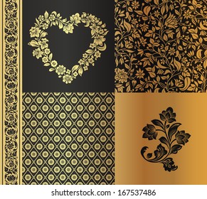 Vector set of vintage elements for design. Two seamless pattern heart shaped frame with silhouettes of flowers and seamless stylized flower border. Black and gold.