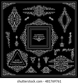 Vector set of vintage elements for design. Ornamental frames, borders, dividers, banners, arrows, monogram, corners, square, template for logo. Black and white chalkboard. New element in every set