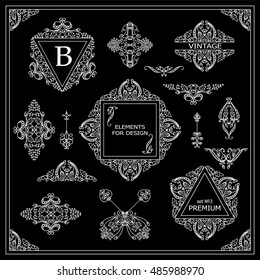 Vector set of vintage elements for design. Ornamental frames, borders, dividers, banners, arrows, monogram, corners, square, template for logo. Black and white chalkboard. New element in every set