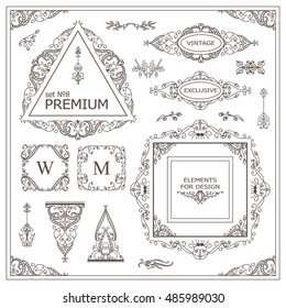 Vector set of vintage elements for design. Ornamental frames, borders, dividers, banners, arrows, monogram, corners, square, template for logo. Vine and flower vignette. Different element in every set