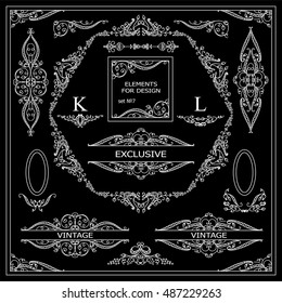 Vector set of vintage elements for design. Ornamental frames, borders, dividers, banners, arrows, monogram, corners, square, template for logo. Black and white chalkboard. New element in every set