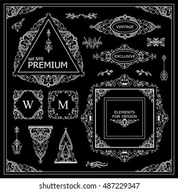 Vector set of vintage elements for design. Ornamental frames, borders, dividers, banners, arrows, monogram, corners, square, template for logo. Black and white chalkboard. New element in every set