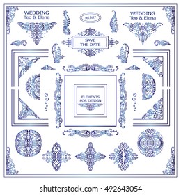 Vector set of vintage elements for design. Ornamental frames, borders, dividers, banners, arrows, monogram, corners, square, logo. Undersea, ocean, seaweed patterns. Blue watercolor style