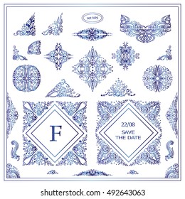 Vector set of vintage elements for design. Ornamental frames, borders, dividers, banners, arrows, monogram, corners, square, logo. Undersea, ocean, seaweed patterns. Blue watercolor style