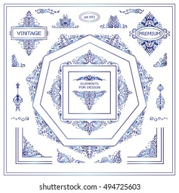 Vector set of vintage elements for design. Ornamental frames, borders, dividers, banners, arrows, monogram, corners, square, logo. Undersea, ocean, seaweed patterns. Blue watercolor style