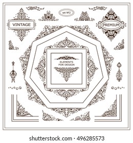 Vector set of vintage elements for design. Ornamental frames, borders, dividers, banners, arrows, monogram, corners, square, logo. Undersea, ocean, seaweed patterns. Different elements in each set