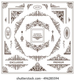 Vector set of vintage elements for design. Ornamental frames, borders, dividers, banners, arrows, monogram, corners, square, logo. Undersea, ocean, seaweed patterns. Different elements in each set
